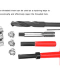 Stainless Steel M16x1.5 Thread Repair Kit 11 Piece Set With Twisted Drill Tap Installation Wrench Breaker Hex Wrench And Six Threaded Inserts For Automotive And Industrial Use Heavy Duty, tools laid out