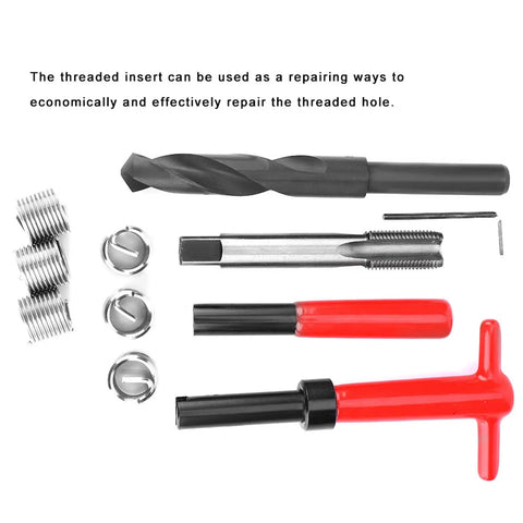 Stainless Steel M16x1.5 Thread Repair Kit 11 Piece Set With Twisted Drill Tap Installation Wrench Breaker Hex Wrench And Six Threaded Inserts For Automotive And Industrial Use Heavy Duty, tools laid out