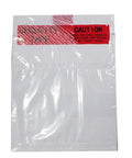 Front view of white tamper-evident mailer with red caution label and VOID tape across the top