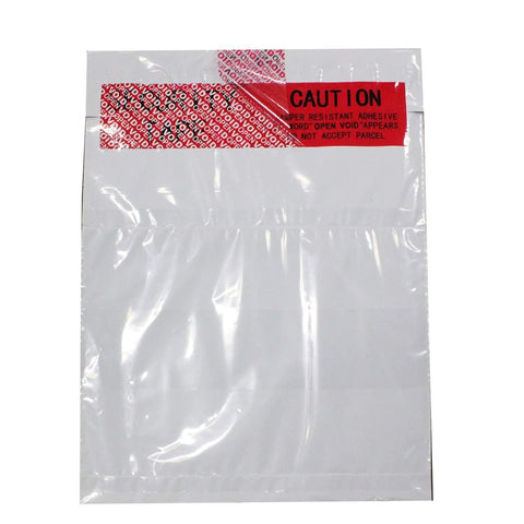 Front view of white tamper-evident mailer with red caution label and VOID tape across the top