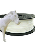 White PLA Filament 1.75mm 1kg spool for 3D printing with horse model showcasing toughness and heat resistance for durable prototypes