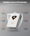 Beefy 6000W Hybrid Solar Inverter 48V DC To 230V AC with multiple protection features in shield icon background