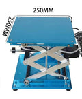 Compact Electric Lifting Platform With Remote Control Adjustable Lab Stand 250mm base height range shown in blue.