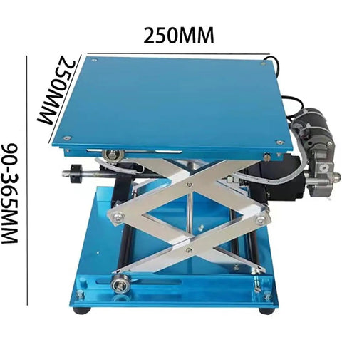 Compact Electric Lifting Platform With Remote Control Adjustable Lab Stand 250mm base height range shown in blue.