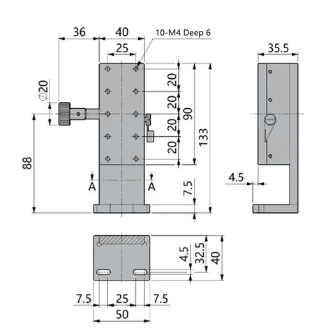 Manual Trimming 1 Axis Linear Stage With 10 Micron Resolution For DIY Projects And Pro Grade Precision, side view drawing with 40x90mm table