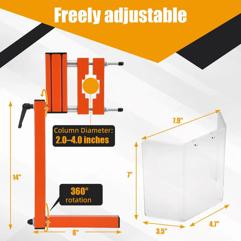 Drill Press Guard With Flip Up Shield for 2 to 4 inch column, showing adjustable mounting and clear protective cover dimensions