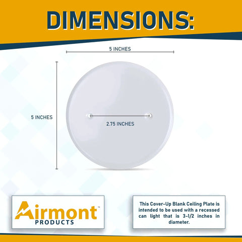 Set Of Two Five Inch White Metal Ceiling Blank Up Cover Plate For Three And One Half Inch Round Or Octagon Electrical Boxes With Two Point Seven Five Inch Hole Spacing And Mounting Screws Included For Ceiling Or Wall Coverage dimensions diagram