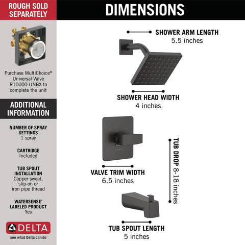 Dope Modern 14 Series Square Bathtub and Shower Faucet Set with dimensions labeled, matte black finish, universal valve.