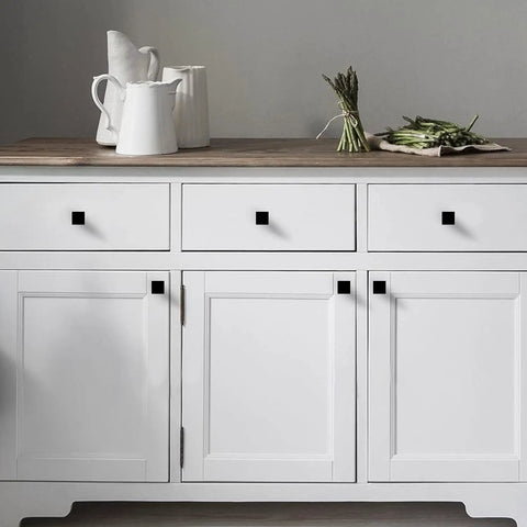 White cabinet with Six Pack Black Square Cabinet Knobs From Solid Zinc Alloy For Kitchen Cupboard Dresser And Bathroom