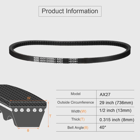 Cogged EPDM V Belt For Industrial Machinery, Raw Edge Rubber Belt, Half Inch Wide, Twenty Seven Inch Inside Circumference