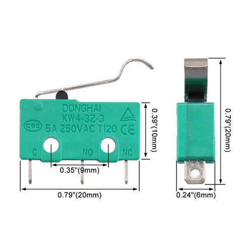 Arc Hinge Lever Micro Switch KW4-3Z-3 Momentary SPDT 1NO 1NC 5A 125V And 250V AC dimensions and terminals view