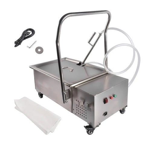 Heavy Duty Commercial Fryer Filter Machine For Restaurant 55L Oil Strainer With Grease Cleaner in stainless steel design.
