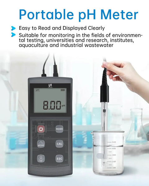 All In One Portable PH Meter With ATC And Large Backlit Display, Ultra Accurate Digital PH Tester For Drinking Water, Lab, Pool, Aquarium, And Biomedicine, 0.01 PH Accuracy, 0 To 14 Range, On The Go shown measuring liquid in beaker