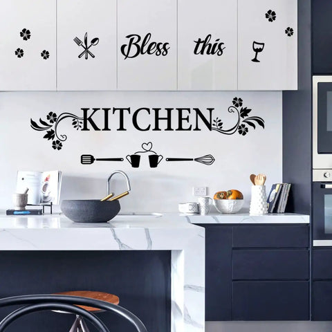 Bless This Kitchen Wall Decor Sticker With Flower Art Removable DIY Vinyl Decal for Dining Room Kitchen Bar Restaurant Home Decor