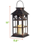 Bronze Hanging Solar Lanterns Two Pack Outdoor Waterproof Decorative Lanterns with cozy flickering LED candles, real glass panels.
