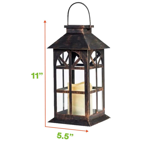 Bronze Hanging Solar Lanterns Two Pack Outdoor Waterproof Decorative Lanterns with cozy flickering LED candles, real glass panels.