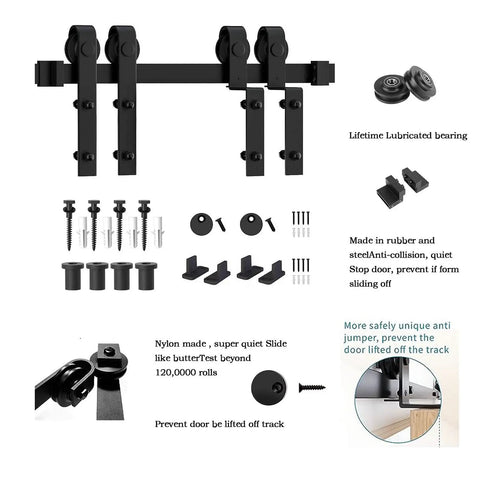 Premium J Shape Sliding Door Hardware Kit With Six Foot Carbon Steel Track And Nylon Rollers Built Rock Solid For Double Barn Doors Delivers Hella Smooth Daily Glides assembly components including rollers, screws, and tracks.