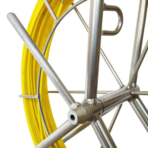 Close-up of Pro Grade 4.5mm 250ft Duct Rodder Kit with Fiberglass Rod Cage and Brake System for Easy Spin and Stop