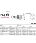 Top Shelf 10 Piece Pneumatic Air Connector Fitting Kit For Fast And Easy Hookup Includes PX Variety Pack For 4mm Through 12mm hoses To Fix Leaks Quickly and Save Dough on Your Next Shop Project Today. PX8-02 brass air fitting diagram for 8mm hose and 1/4 PT