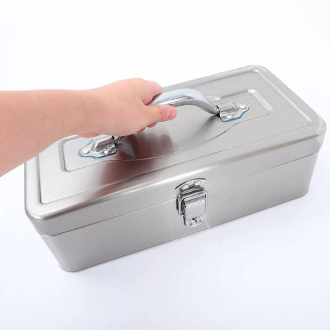 Hand holding Heavy Duty Stainless Steel Toolbox With Large Capacity Portable Metal Tool Box Organizer Featuring Removable Trays And Handle