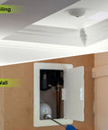 Heavy Duty Drywall Access Panel Nine Point Nine Inch Ceiling Repair Cover concealing pipes in wall and ceiling with tool-free mount.