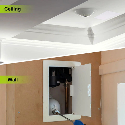 Heavy Duty Drywall Access Panel Nine Point Nine Inch Ceiling Repair Cover concealing pipes in wall and ceiling with tool-free mount.