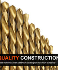 Close-up of titanium nitride coated left hand drill bit set 13 pc for metal wood plastic with quality construction label.