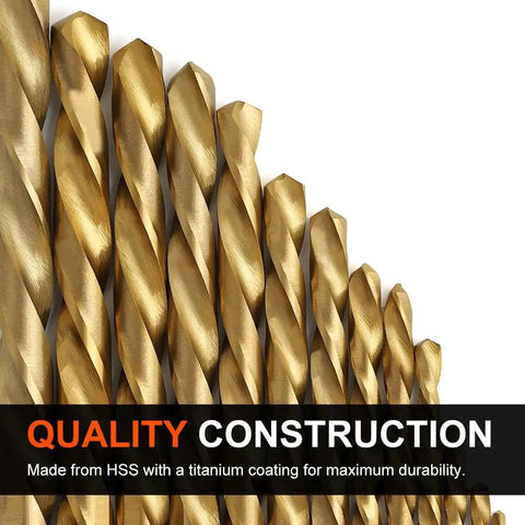 Close-up of titanium nitride coated left hand drill bit set 13 pc for metal wood plastic with quality construction label.