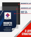 Sticky Magnetic Sheets With Adhesive Backing 8.5 X 11 Inches, 10 Pack, 20 Mil Thick, showing three-layer structure