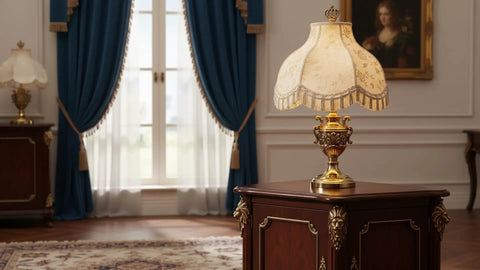 Off White Jacquard Scallop Bell Lamp Shade With Fringes on brass lamp in elegant living room setting