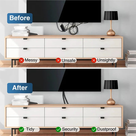 Before and after using 10ft Braided Cable Sleeve for DIY Cable Management, showing tidy and secure wires on a TV stand.