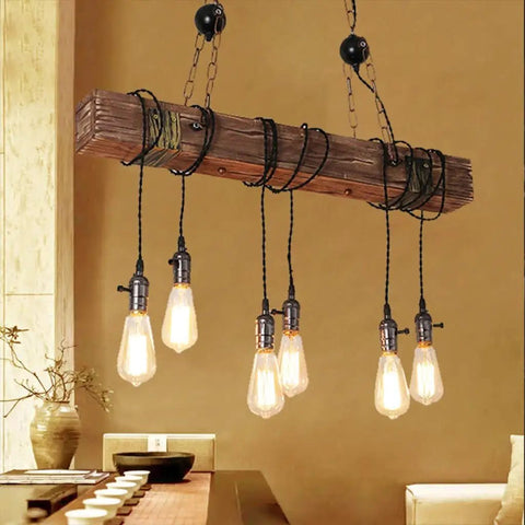 Rustic Farmhouse Chandelier For Dining Room Industrial Pendant Light With Six E26 Bulb Sockets Adjustable Suspension Hanging Fixture With Switches Vintage Warm Glow over dining table