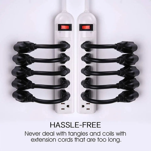 Outlet Saver Power Extension Cord 16 AWG 3 Prong 8 Inch Black 10 Pack ETL Listed shown on power strips