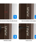 Installation steps for 2 Pack Sliding Door Keeper and Lock Latch Set with Screws on a door frame, showing drill and screws in use
