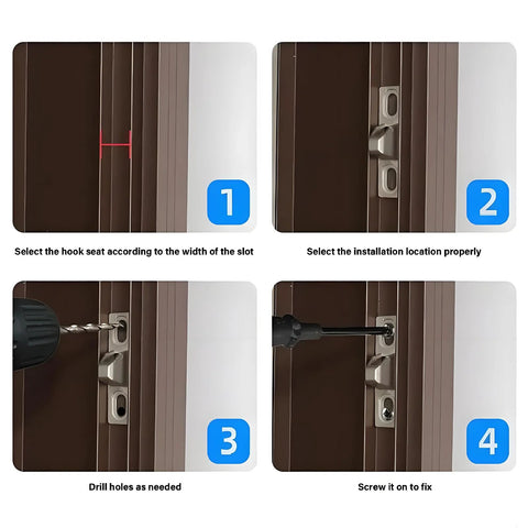 Installation steps for 2 Pack Sliding Door Keeper and Lock Latch Set with Screws on a door frame, showing drill and screws in use