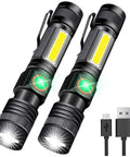Two Ultra Bright USB Rechargeable Magnetic LED Flashlights with COB Sidelight, USB-C cables included, zoomable, waterproof, mini tactical design