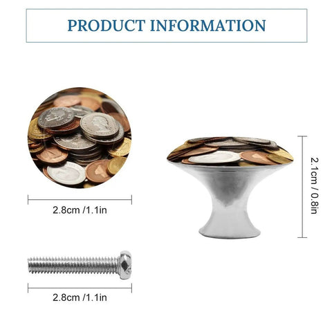 2 Pack 1.1 Inch Round Currency Coin Cabinet Knobs In Stainless Steel with installation screw and size details