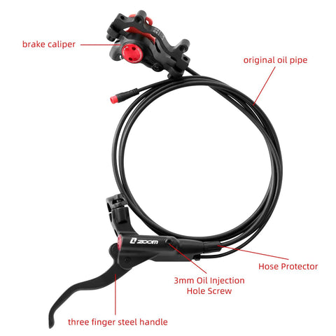 Zoom Hb875E Ebike Hydraulic Disc Brake Upgrade Kit With 160mm Rotors And Pre-Bled Mineral Oil Dual Piston Calipers, detailed brake caliper and handle.