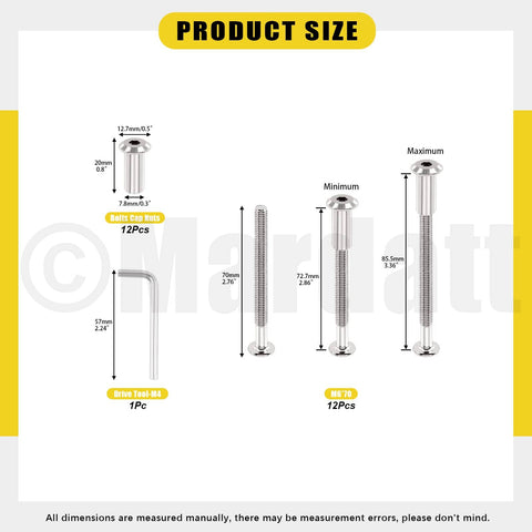 Size chart of 24 Pcs M6x70mm Hex Socket Cap Bolts Kit with Barrel Nuts and Hex Key Silver Nickel Plated Hardware showing dimensions.