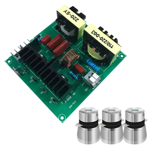 Power 150W Ultrasonic Cleaner Driver Board Kit With Three Transducers, 220V 40KHz, PCB and transducers displayed