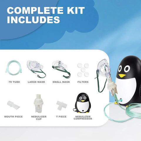 Components of the Kid Friendly Penguin Nebulizer Kit With Portable Compressor For Easy Breathing Pediatric Aerosol Nebulizer System Quiet Durable On The Go Great For Asthma And Allergy Relief Pack Of 4 displayed