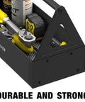 Grippy Handle Metal Tool Tray Portable Tote For Home Garage Warehouse And Shop Easy Tool Organization Durable Black Metal Storage Tray For Wrenches Screwdrivers And Small Parts with tools inside close-up view