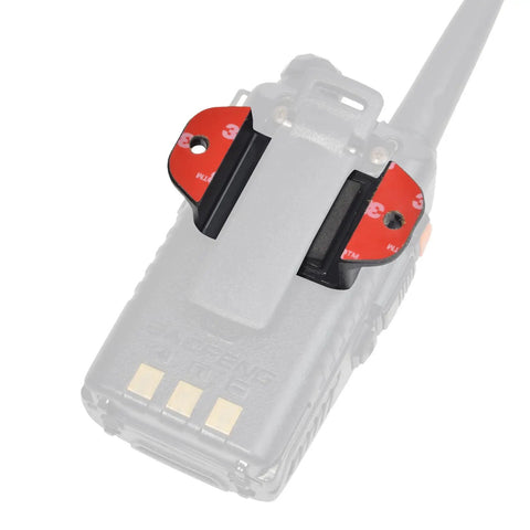 Heavy Duty Handheld Radio Holder for Walkie Talkie and Speaker Mic with dual adhesive backing and screw fixation, black.