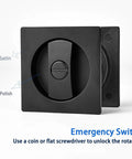 Pocket Door Privacy Lock With Edge Pull Handle For Bedroom And Bathroom Stainless Steel Recessed Matte Black Finish Two Sided Knob Fits 1 3/8 Inch To 2 3/16 Inch Doors Ideal For Hidden Pocket Doors In Moist Environments, front view with emergency switch and satin finish.