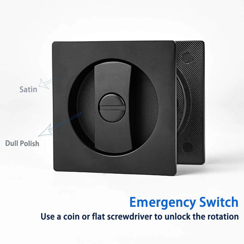 Pocket Door Privacy Lock With Edge Pull Handle For Bedroom And Bathroom Stainless Steel Recessed Matte Black Finish Two Sided Knob Fits 1 3/8 Inch To 2 3/16 Inch Doors Ideal For Hidden Pocket Doors In Moist Environments, front view with emergency switch and satin finish.