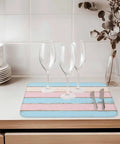Pink Blue Wood Grain Drying Mats For Kitchen Counter And Sink, Reversible Hanging Microfiber Dish Mat on counter with glassware