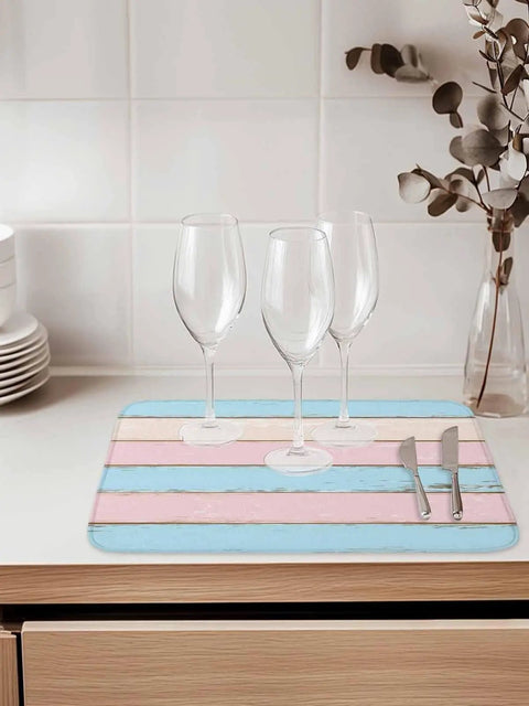 Pink Blue Wood Grain Drying Mats For Kitchen Counter And Sink, Reversible Hanging Microfiber Dish Mat on counter with glassware
