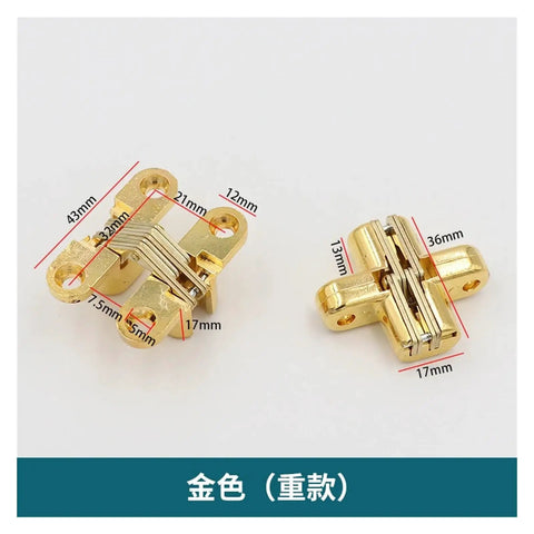 Rotating Concealed Cabinet Hinges Set 2 Pieces 12x43mm Hidden Hinge With Silent Close in gold finish with measurements
