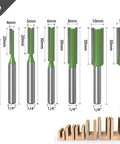 Tough As Nails Seven Piece Tungsten Carbide Router Bit Set With One Quarter Inch Shank Straight Dado Bits Offering Single And Double Flute Options For Clean Woodworking Projects displayed with size measurements.
