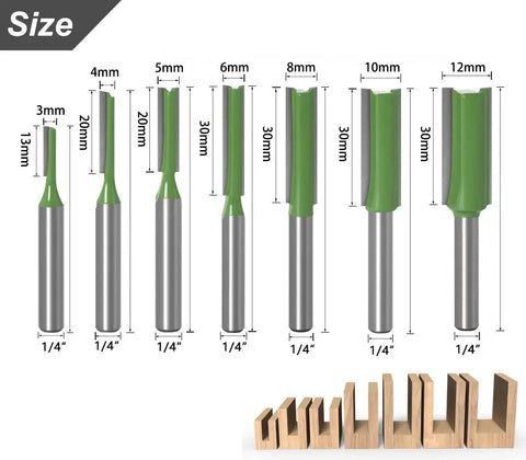 Tough As Nails Seven Piece Tungsten Carbide Router Bit Set With One Quarter Inch Shank Straight Dado Bits Offering Single And Double Flute Options For Clean Woodworking Projects displayed with size measurements.